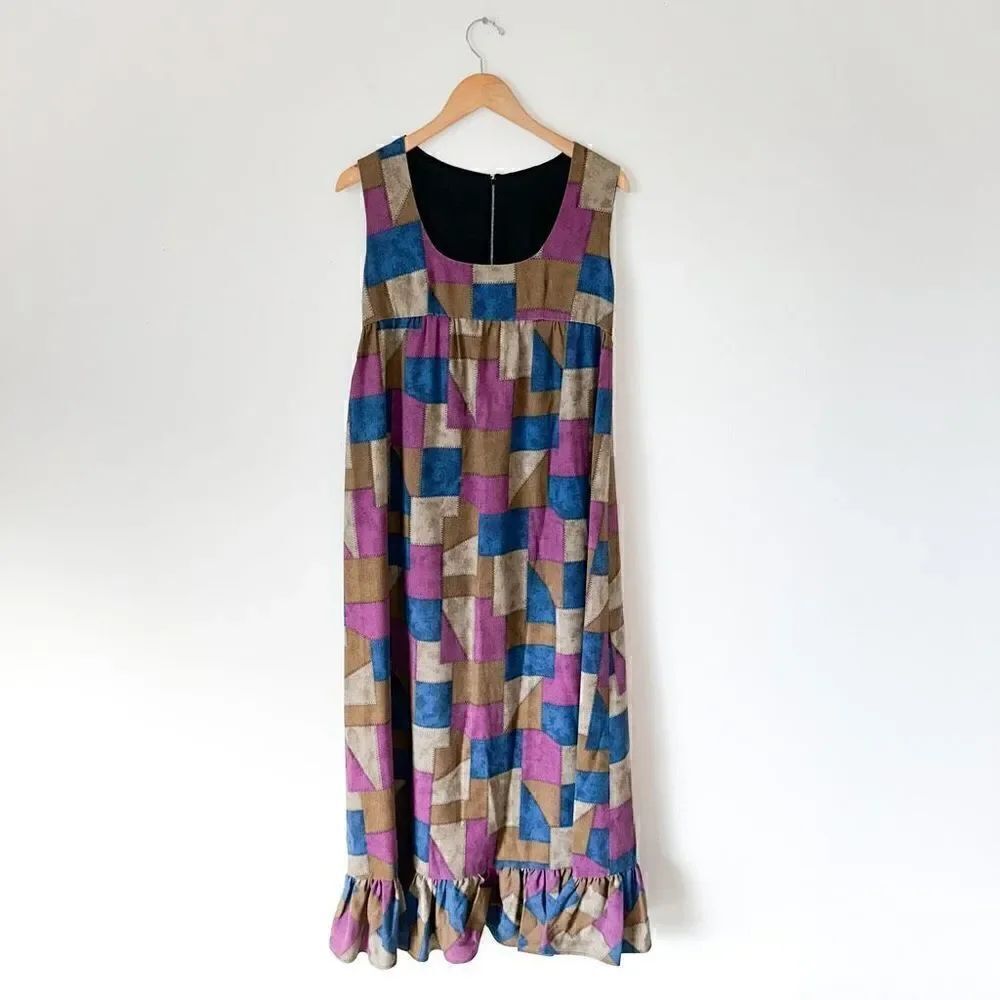 Handmade Printed Multicolor Patchwork Scarecrow Sleeveless Maxi Ruffle Hem Dress